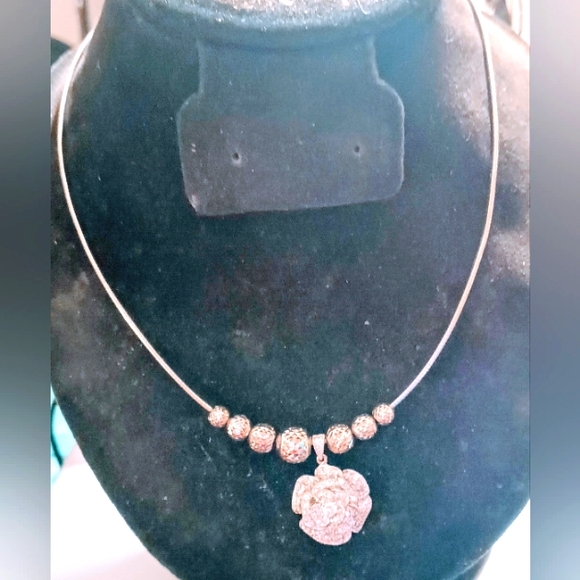 Sterling Silver Big Silver Rose charm design  Chocker Snake design Necklace. - Picture 4 of 6